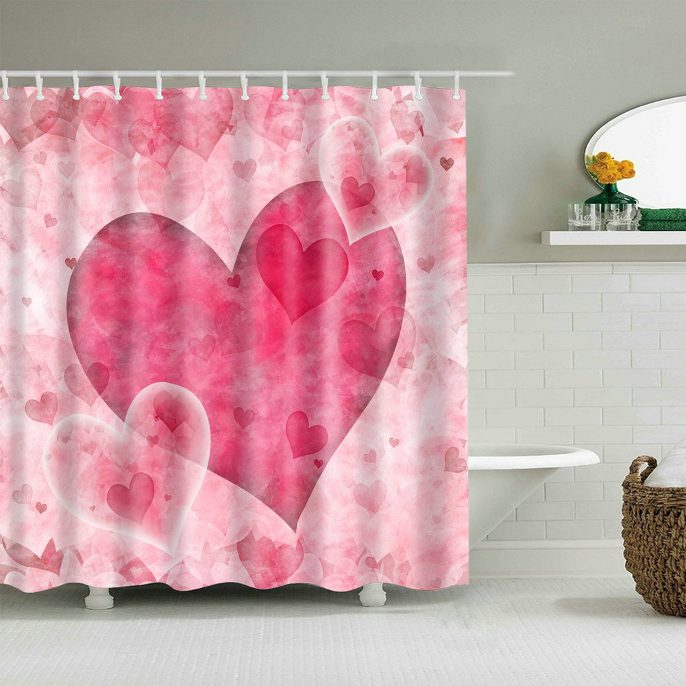 Pink Love Heart Valentines Shower Curtain Set Polyester Bath Curtains