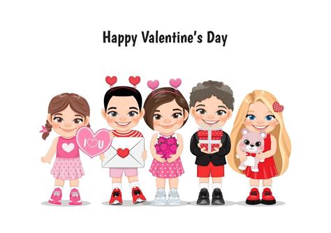 Valentine Kids With Multicultural Little Boys And Girls Dating Celebrating Valentines Day Flat