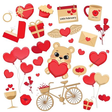 Valentine S Day Cartoon Set Valentine Elements Bear Holding Heart