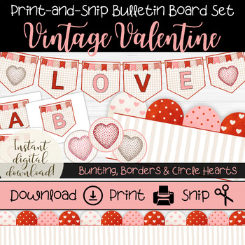 Vintage Valentine Bulletin Board Set Printable Valentine Amp 39 S Day Bunting Flags Amp Borders Stitched